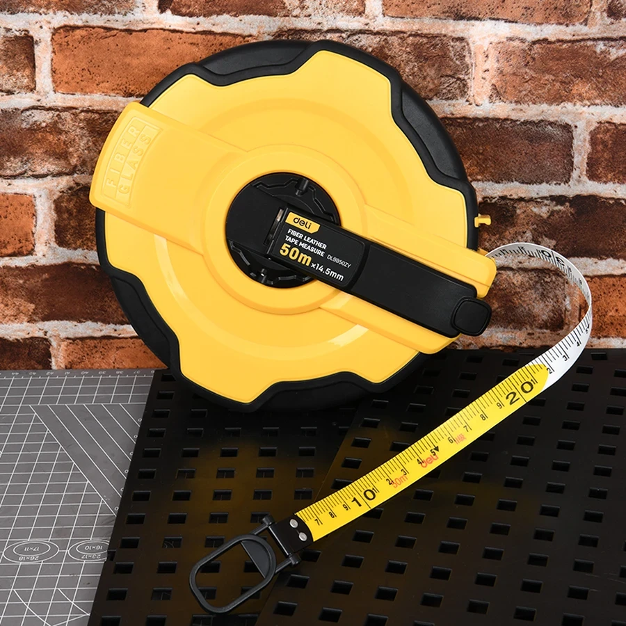 Deli 50m x 14.5mm Professional Fiberglass Measuring Tape Reel | Heavy-Duty Class 2 High-Tensile PVC Coated Tape with Shockproof ABS+TPR Frame | EDL9850ZY