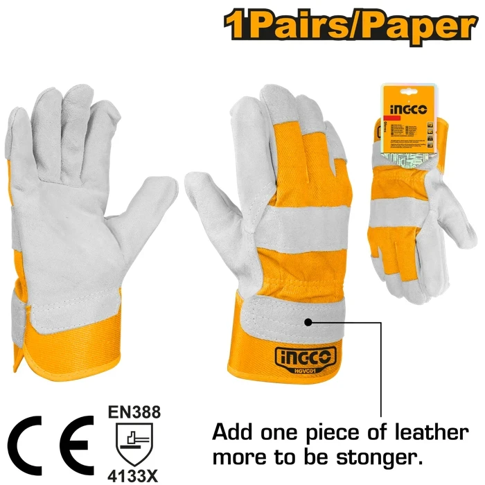 INGCO Premium Cow Split Leather Work Gloves | 10.5" Heavy-Duty Safety Protection with Cotton Back, Half Lining and Rigid Rubberized Cuff for Carriers, Machining and Gardening | HGVC01