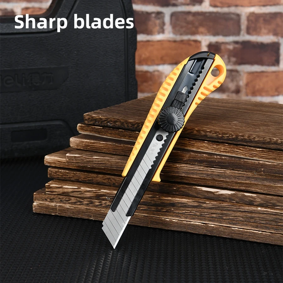 Deli 18mm Heavy-Duty Snap-Off Utility Cutter | Rotary Knob Locking Box Cutter with 100mm SK5 High-Carbon Steel Blade & ABS Body | EDL003A (Yellow)