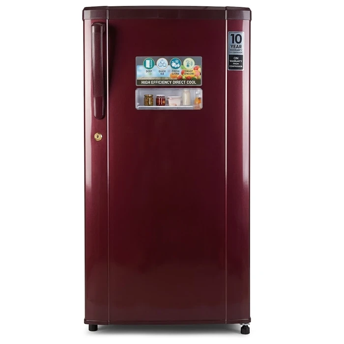 Akaritek 180L Single Door Direct Cool Refrigerator (A++ Energy Saving, R600a) | Wired Glass Shelves & Clean Back Design in Plain Burgundy Red | AKGS180PR