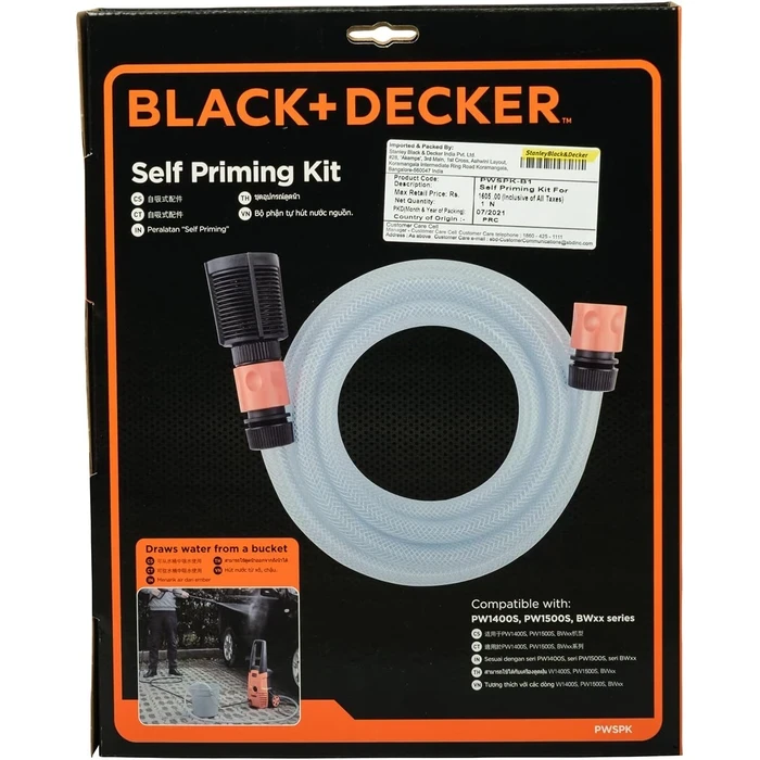BLACK+DECKER Self-Priming Suction Hose Kit for Pressure Washers | 5m Vertical Lift Filtered Water Intake System | PWSPK-B1