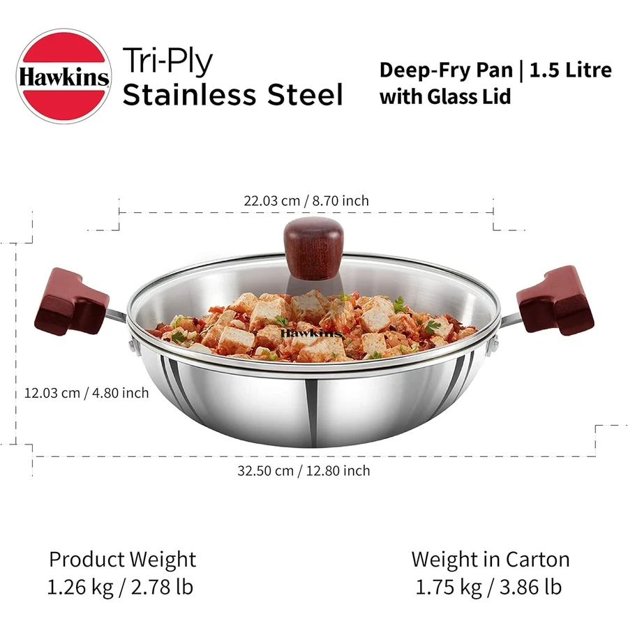 Hawkins SSD15G 1.5L Tri-Ply Stainless Steel Deep Fry Pan (Kadhai) with Glass Lid | Induction & Gas Compatible | Silver