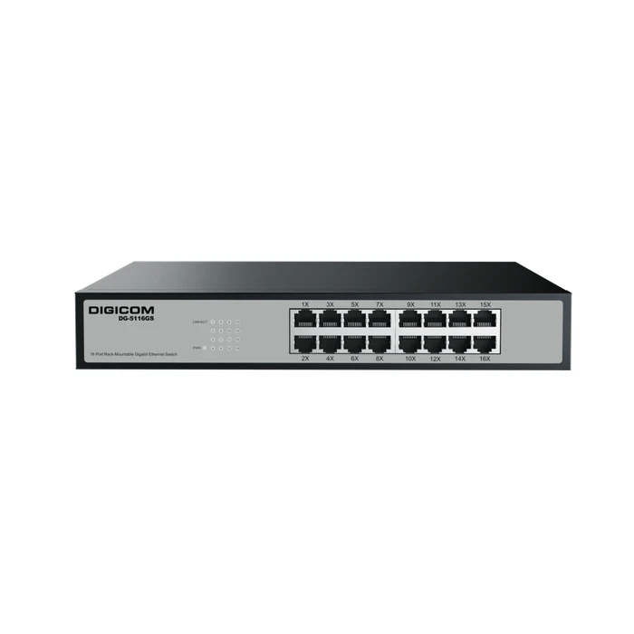 Digicom DG-5116GS 16 Port 1U Rack Mount Gigabit Switch | 32Gbps Switching Capacity | 8K MAC & Store-and-Forward Logic | 16 Ports