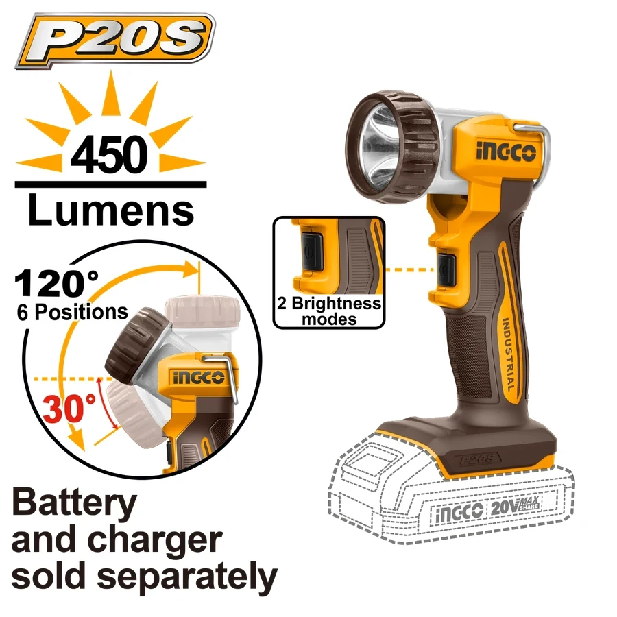 INGCO Cordless LED Work Lamp | 450 Lumens Dual Brightness | 120° Adjustable Head | CWLI2058