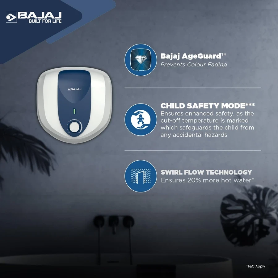 Bajaj 15L & 25L 5-Star Storage Water Heater Geyser | DuraAce Glassline Tank, VoltagePro & 8 Bar Pressure with Child Safety Mode | Armor Series Pentacle 150924 / 150925