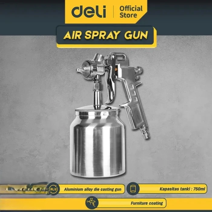 Deli Tools Pneumatic Air Spray Gun 750ml Lower Tube Siphon Paint Sprayer with 2.5mm Nozzle, Solid Copper Atomizing Cap & Die-Cast Aluminum Body | EDL-QPQ-990S