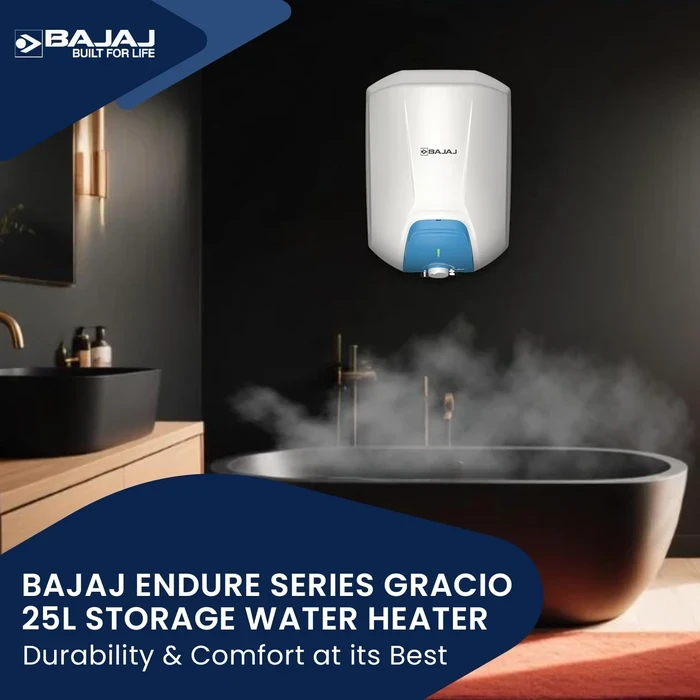 Bajaj 15L & 25L 5-Star Storage Water Heater Geyser | 8 Bar Working Pressure & Child Safety Mode | Endure Series Gracio - 150940, 150941