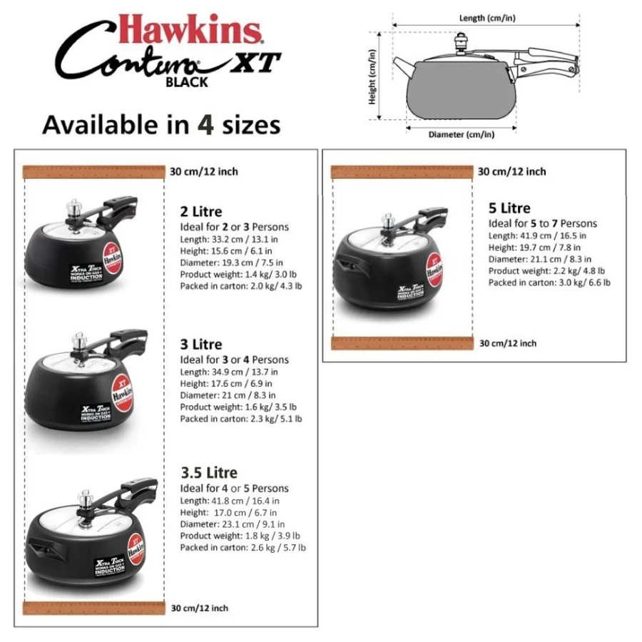 Hawkins CXT20 2L Contura Black XT Pressure Cooker | Hard Anodised Body | Induction Base | Stainless Steel Lid | Black