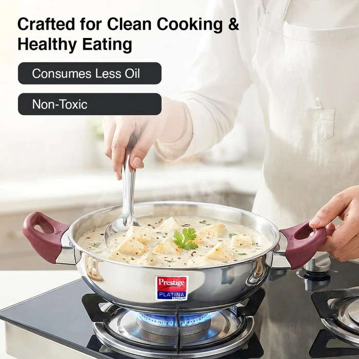 Prestige Platina Popular Stainless Steel Induction Base Kadai with Tempered Glass Lid (26 CM / 3.8L & 28 CM / 4.6L) | Gas & Induction Compatible - Model 36887 / 36888