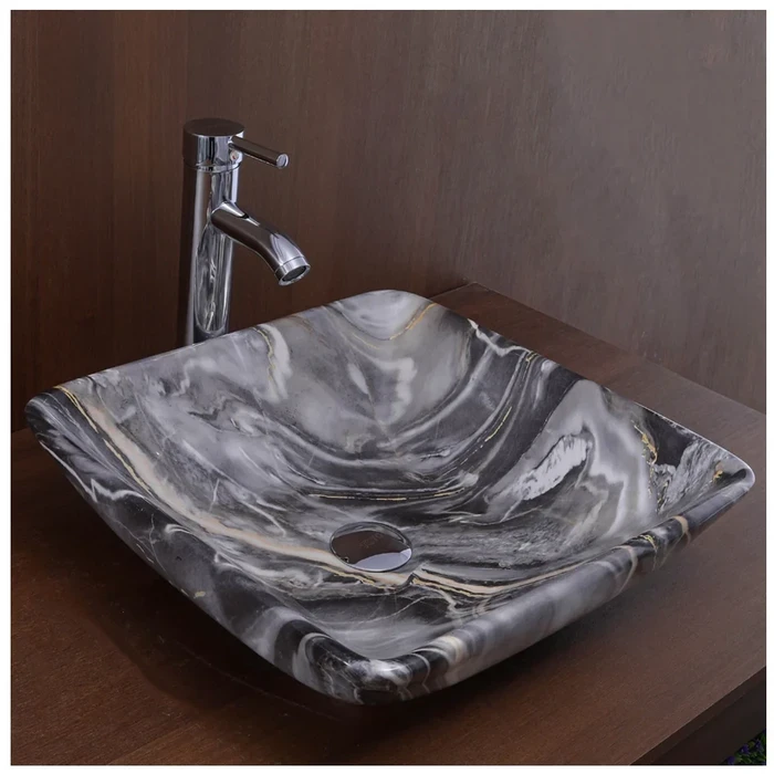 Toyo Mari-347 Ceramic Countertop Art Basin 16"x16" | Black & Grey Marble Premium Finish | Stain Resistant Easy to Clean Bathroom Wash Basin | 440x440x150mm