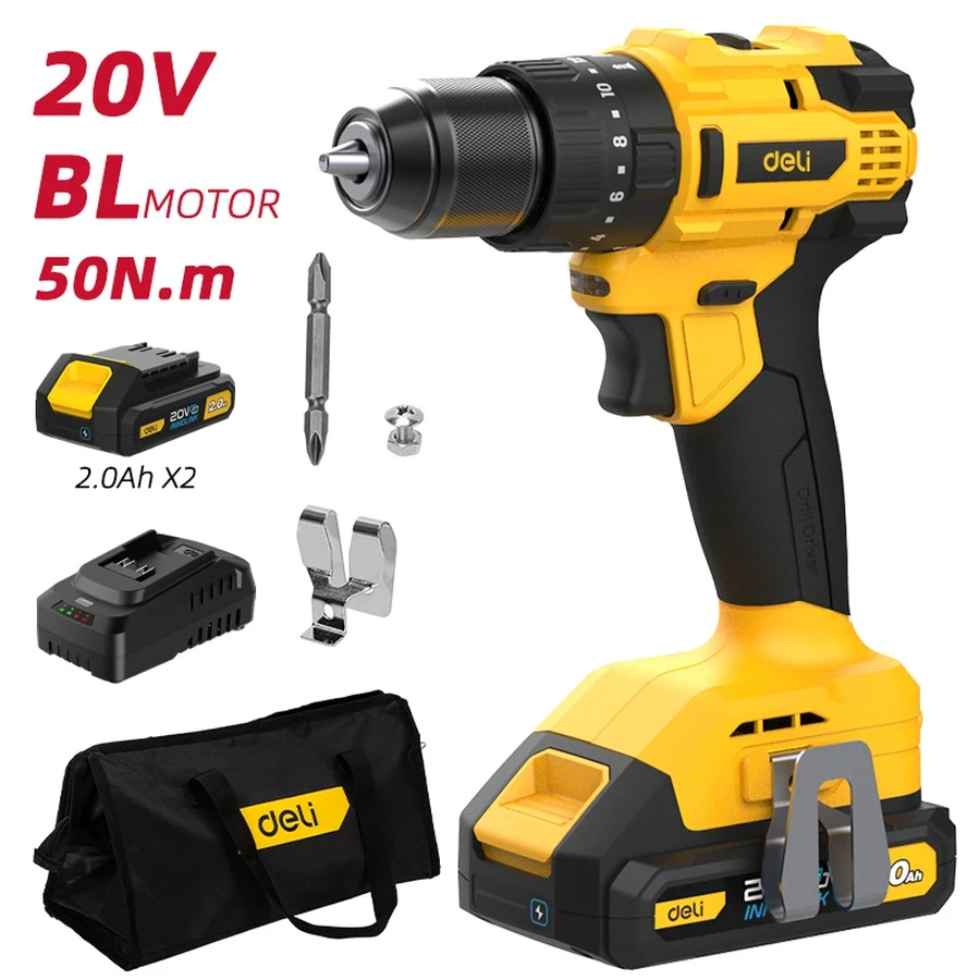Deli 20V Brushless Cordless Impact Drill | 50 N.m High Torque 10mm Metal Ratchet Chuck with 21+1+1 Settings & Dual 2.0Ah Batteries (Yellow) | EDC150