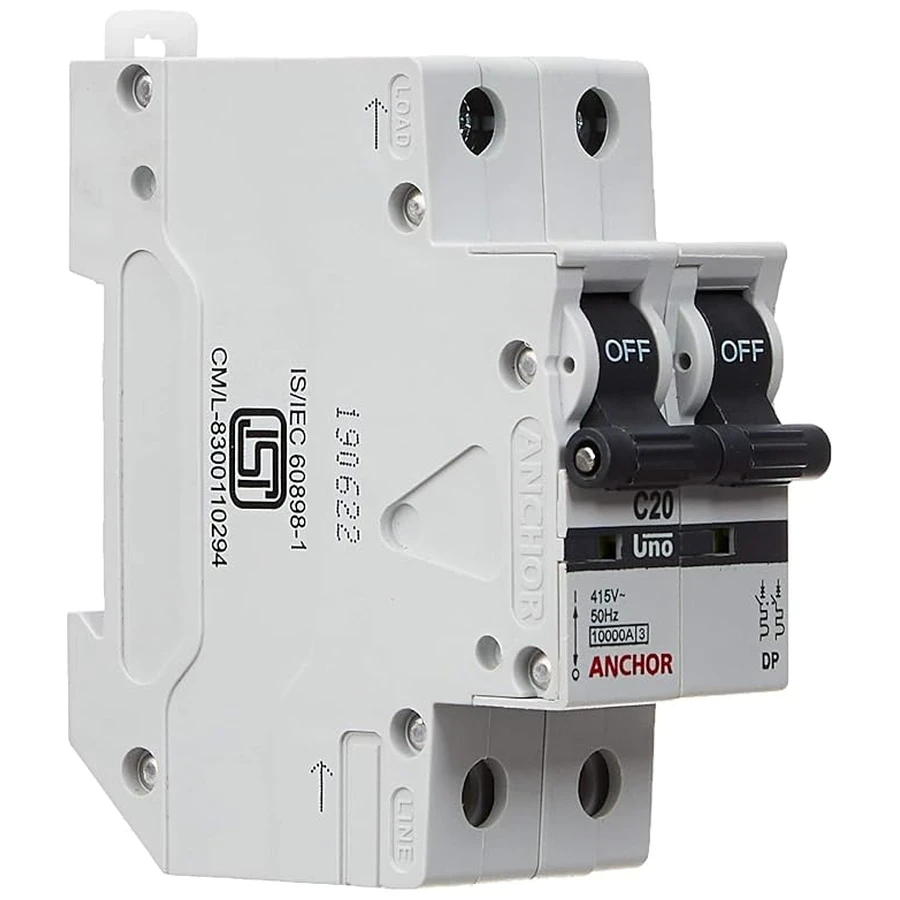 Anchor UNO DP MCB 20A 'C' Curve 98020 - Double Pole, Medium Current Capacity, Panel Mount Standard Circuit Breaker