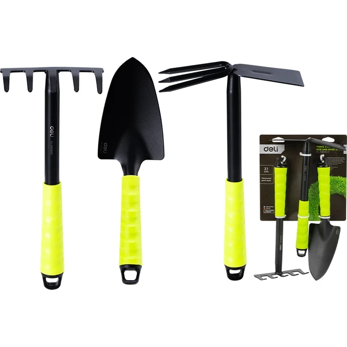 Deli 3-Piece Professional Gardening Tool Set | Heat-Treated Carbon Steel Hoe, Wide Shovel Spade & 3-Prong Rake Kit with 310mm Ergonomic Comfort Handles | EDL580803