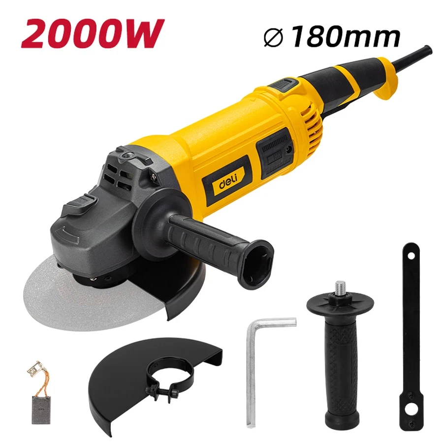 Deli 2000W 7" (180mm) Heavy-Duty Professional Angle Grinder (8450 RPM) | Pure Copper Motor with M14 Spindle, Ergonomic Soft Grip & Easy External Brush Replacement (Yellow) | EDL-JM180-E1