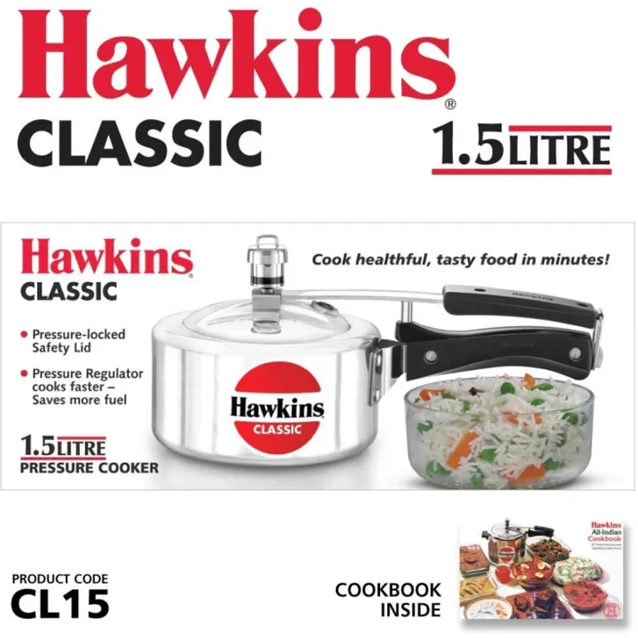 Hawkins Classic Pressure Cooker | 1.5L / 2L Capacity | Mirror Polished Aluminium | Inside-Fitting Safety Lid | Gas Stovetop Compatible | Silver
