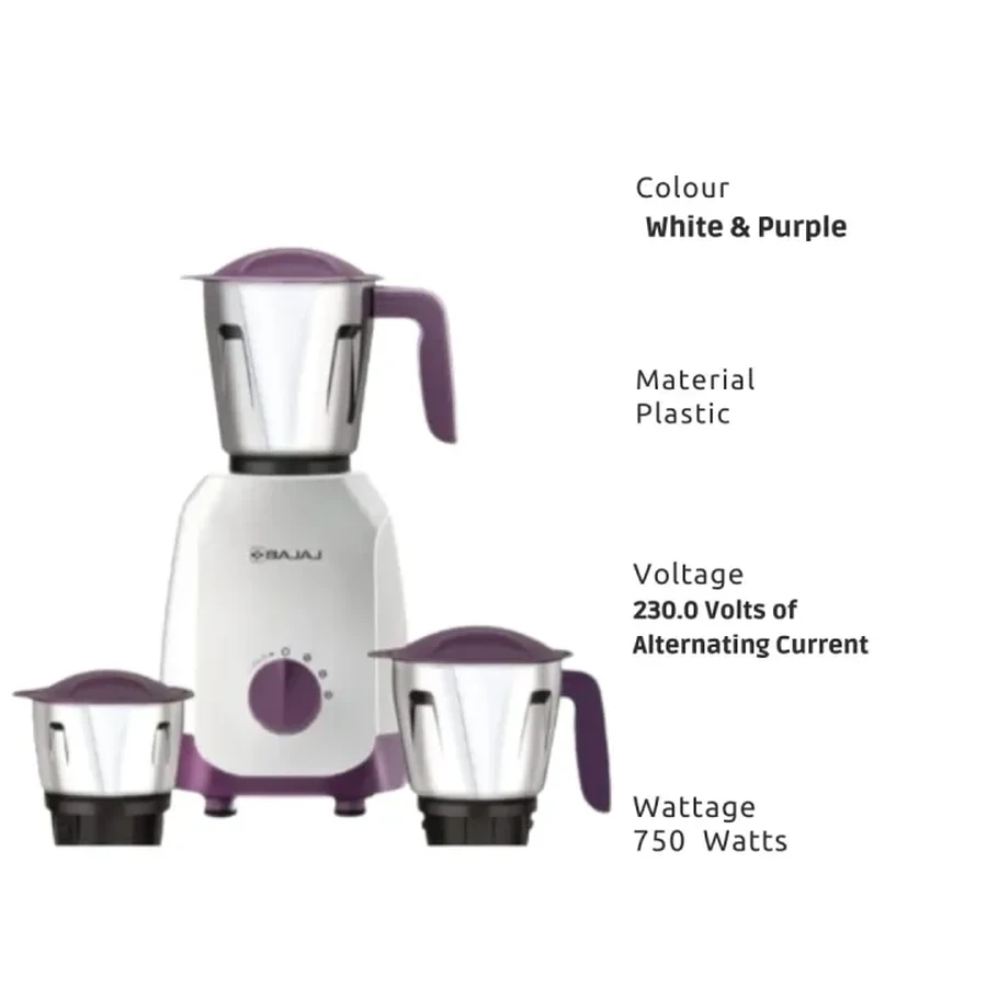 Bajaj Ninja Series Carve 750W Mixer Grinder & Centrifugal Juicer | 3 Jars & Overload Protection | Purple | 410578