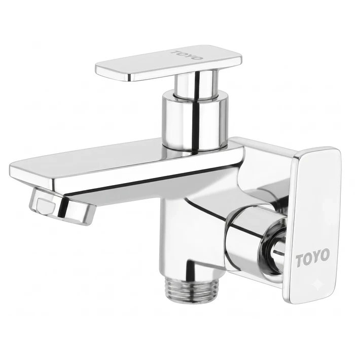 Toyo 2-Way Bib Cock with Double Brass Handles & Matching Wall Flange | Dual Outlet Solid Brass Utility Tap | AQ-51903