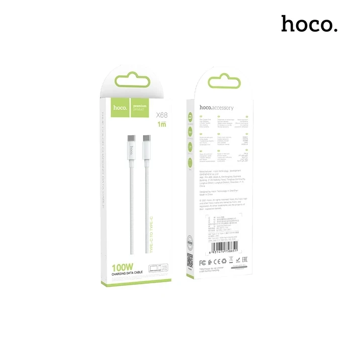 Hoco Fast Charging Data Cable | Type-C to Type-C 100W Logic | Two-Color Nylon Braid Matrix | X68