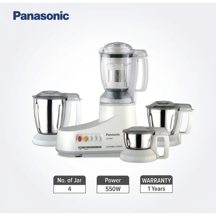 Panasonic 550W Super Mixer Grinder with 3 Stainless Steel Jars & 1 Juicer Jar | 100% Copper Motor Double Safety Lock & Oil Seal Protection - White - MX-AC400