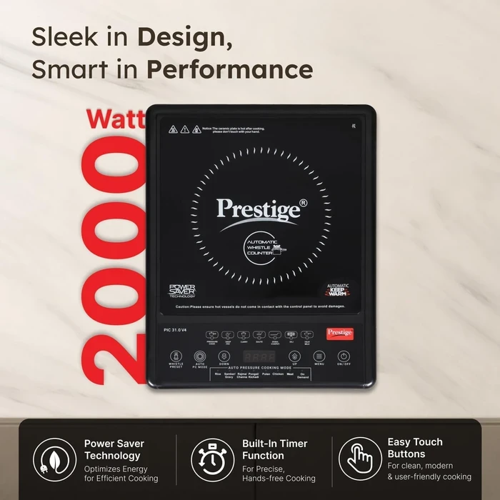 Prestige PIC 31.0 V4 2000W Induction Cooktop with Automatic Whistle Counter & Keep Warm Function | Touch Control Portable Countertop Stove - Model 41999