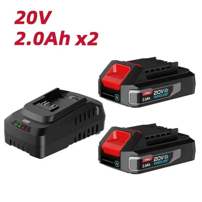 Deli Tools 21V Lithium-Ion Battery & Fast Charger Set 2-Pack 2.0Ah Cordless Power Pack System with 1-Hour Quick Charger & 21V Dual Battery Kit | EDE-CM20A2E