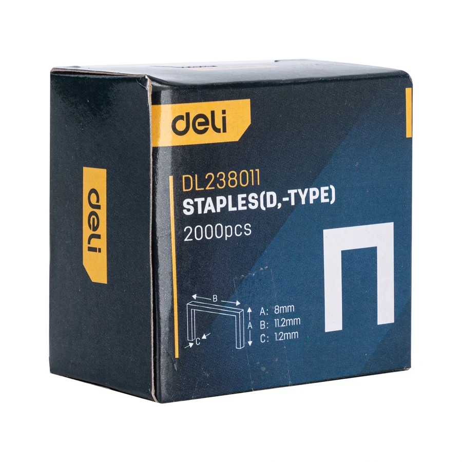Deli D-Shape Staples (D Nails) 8x11.2x1.2 mm, 2000 Pcs/Box, High-Carbon Steel Fasteners for Heavy-Duty Staple Guns, General Repair & Upholstery (Silver) | EDL238011