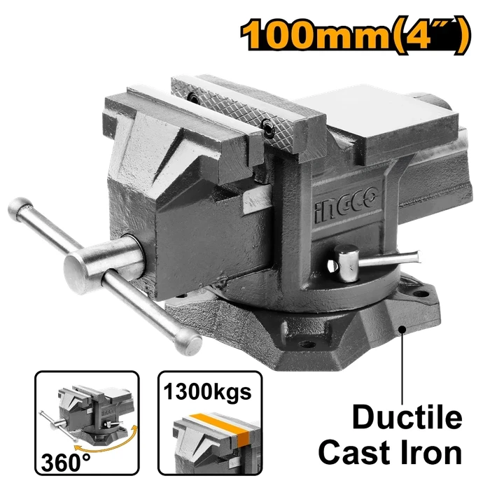 INGCO 4" Swivel Base Bench Vice with Striking Anvil | Heavy-Duty 6.7kg Industrial Workshop Work-Holding Tool with 1300KGS Max Clamping Force | HBV084