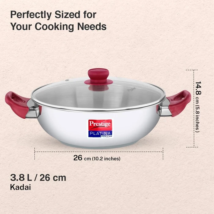 Prestige Platina Popular Stainless Steel Induction Base Kadai with Tempered Glass Lid (26 CM / 3.8L & 28 CM / 4.6L) | Gas & Induction Compatible - Model 36887 / 36888