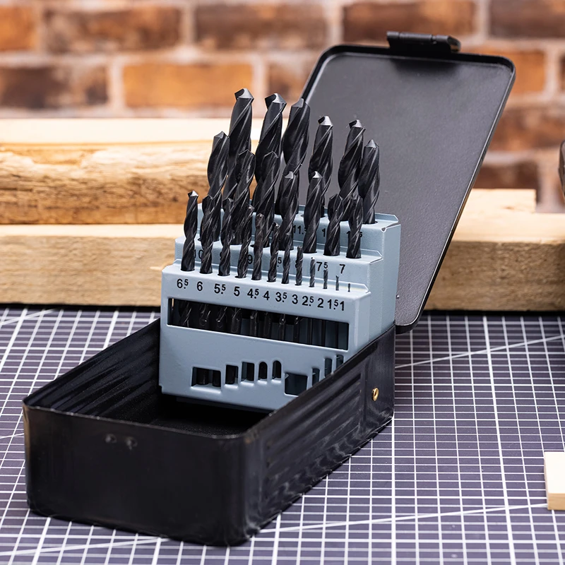 Deli 25-Piece HSS 4241 High-Speed Steel Drill Bit Set (1mm–13mm x 0.5mm) | Double Helix Twist Bits with Black Oxide Finish in Metal Index Case | EDH-MHZ025-ED1