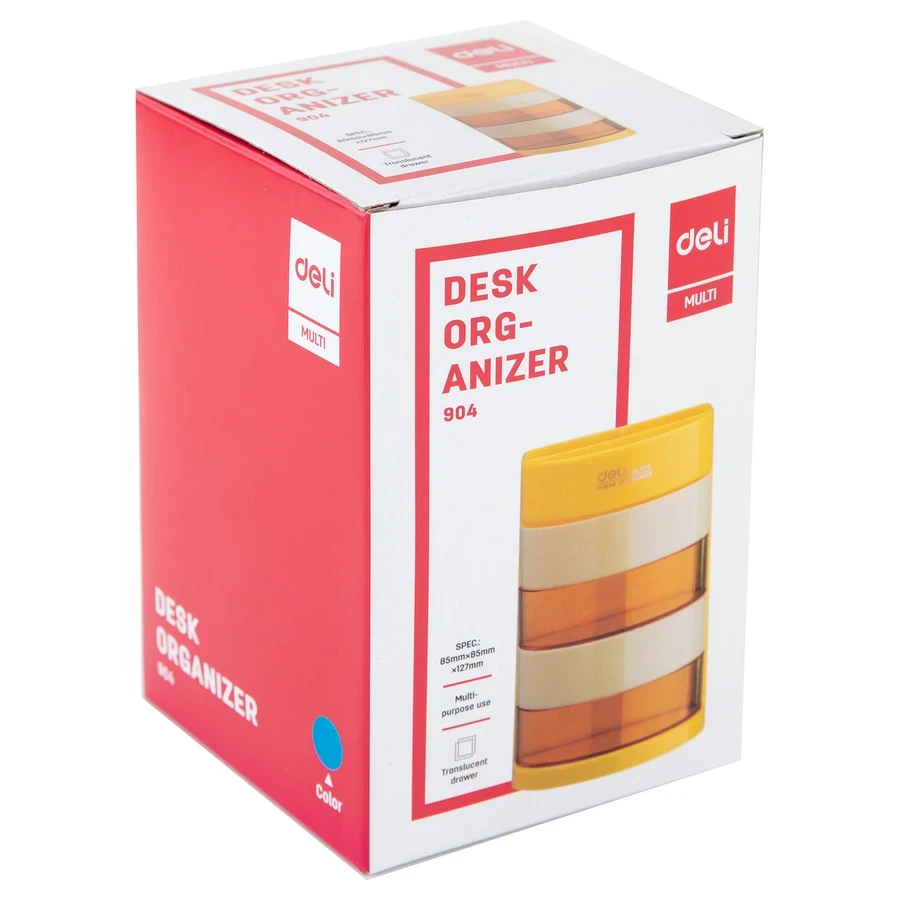 Deli Multi-Function Tower Desk Organizer | 3 Upper Compartments & 4 Rotatable Drawers, PS Plastic (Yellow) | E904