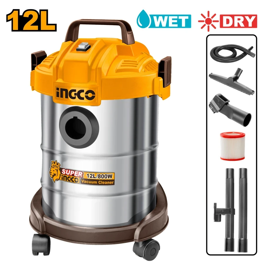 INGCO High-Power 12L Metal Tank Wet & Dry Vacuum Cleaner with Integrated Blower Function & Accessory Kit | VC14122