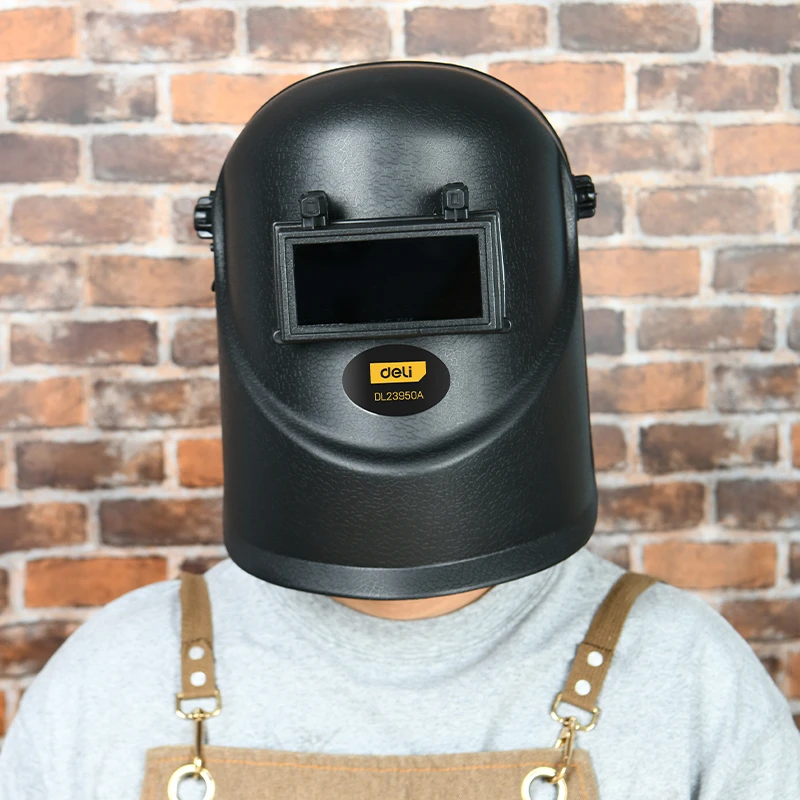 Deli Professional Helmet Type Head-Wearing Welding Mask | High-Strength PP Shell with Flip-Front Tempered Glass Lens & Adjustable Ratchet Headgear (Black) | EDL23950A