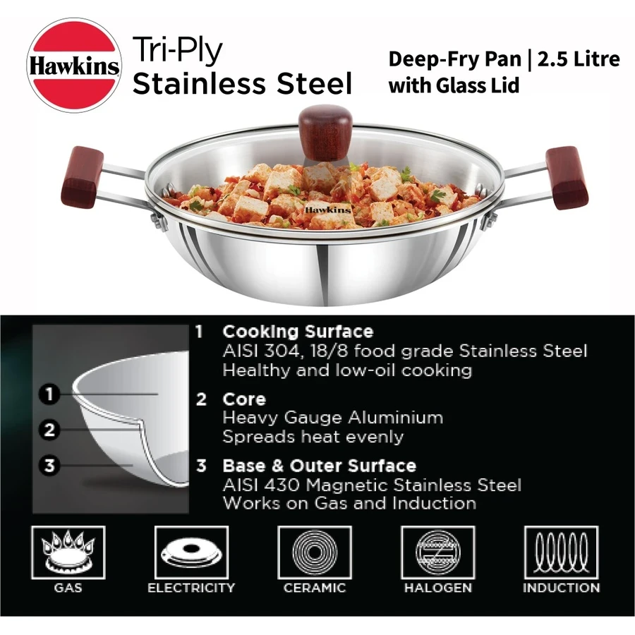 Hawkins SSD25G 2.5L Tri-Ply Stainless Steel Deep Fry Pan (Kadhai) with Glass Lid | 26 cm | Rosewood Handles | Induction & Gas Compatible