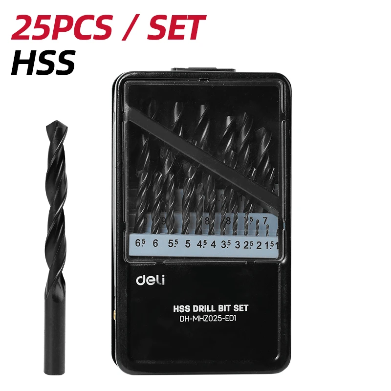 Deli 25-Piece HSS 4241 High-Speed Steel Drill Bit Set (1mm–13mm x 0.5mm) | Double Helix Twist Bits with Black Oxide Finish in Metal Index Case | EDH-MHZ025-ED1