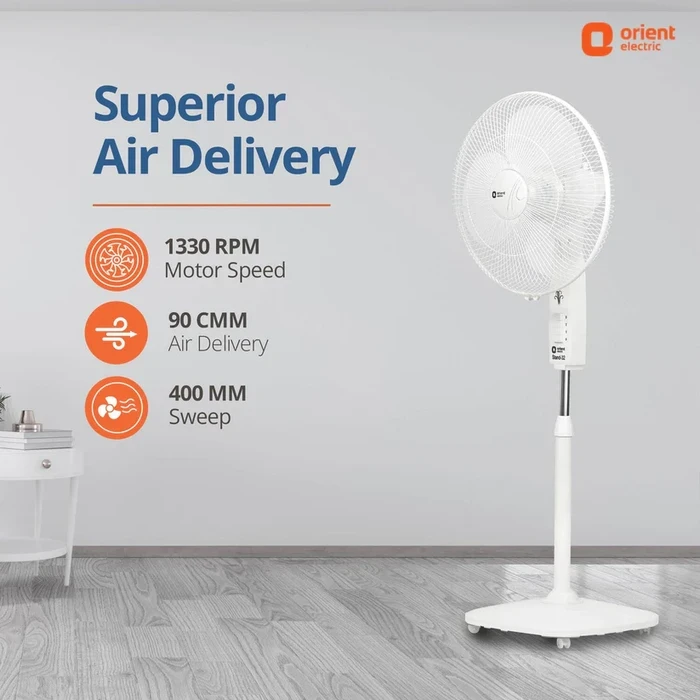 Orient Pedestal Fan | 400mm Sweep Size High-Velocity 84CMM Air Delivery | 58W Energy-Efficient Motor Stand Fan | Signal White | Stand 32