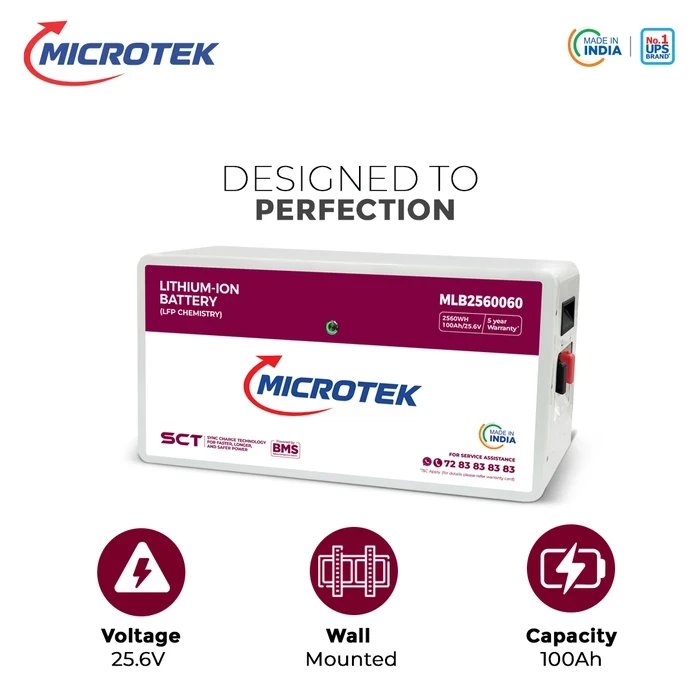 Microtek 25.6V 100Ah 2.56kWh Industrial LiFePO4 Lithium Battery | Smart BMS Controlled Prismatic Cell Deep Cycle Power Storage Block | MLB2560060