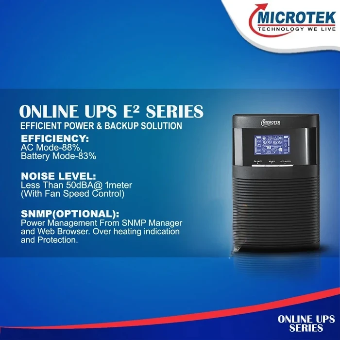 Microtek E2 1KVA/800W True Online Double-Conversion UPS (NM36EM1KK11) | Built-In 36VDC SMF Battery Bank (12V 9Ah x 2) | Pure Sine Wave Output, Zero Transfer Time & Smart LCD Display