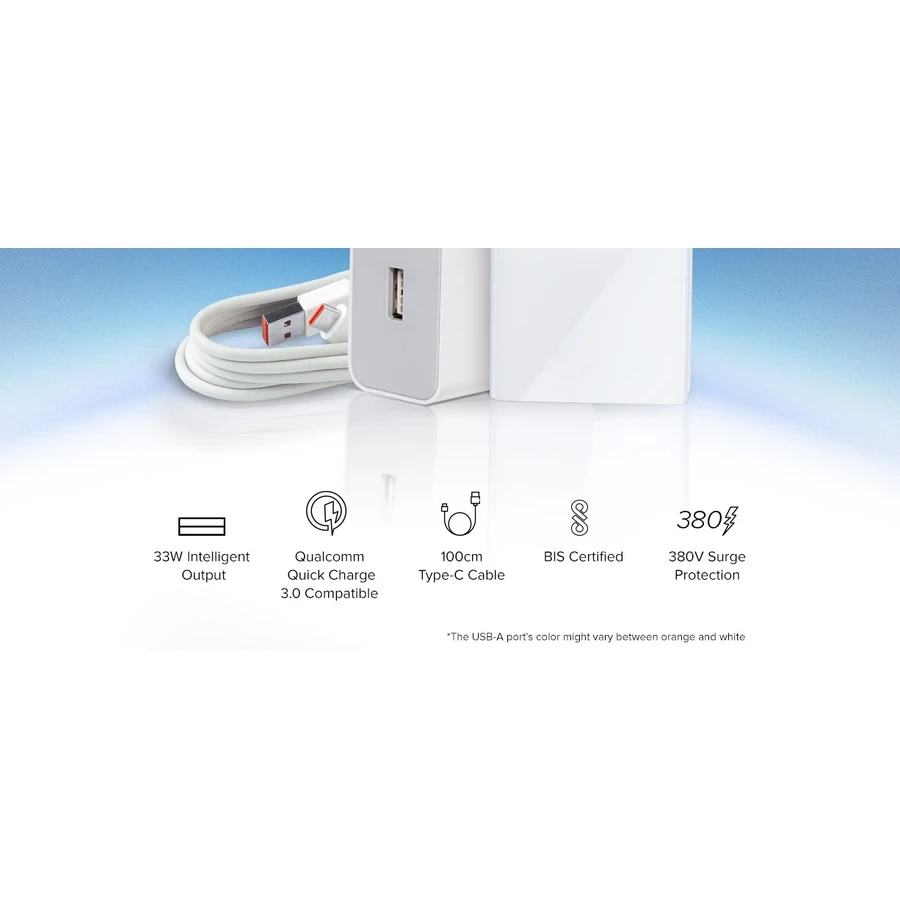Mi 33W Sonic Charger 2.0 Combo MDY-11-EL - Fast Charging Adapter with 100cm Type C Cable, Safety Protection (White)