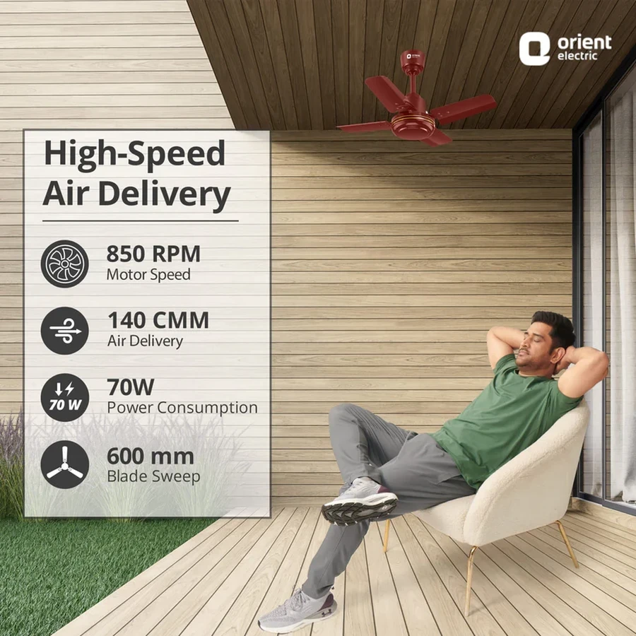 Orient New Breeze Base Ceiling Fan 600mm | 70W High-Speed | 850 RPM | 140 CMM Airflow | Brown & White