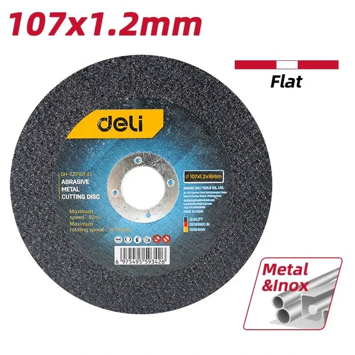 Deli Tools 107mm Abrasive Metal Cutting Disc | Ultra-Slim 1.2mm Kerf Core Thin-Cutoff Wheel for Steel & Rebar (16mm Bore) | EDH-SZP107-E1