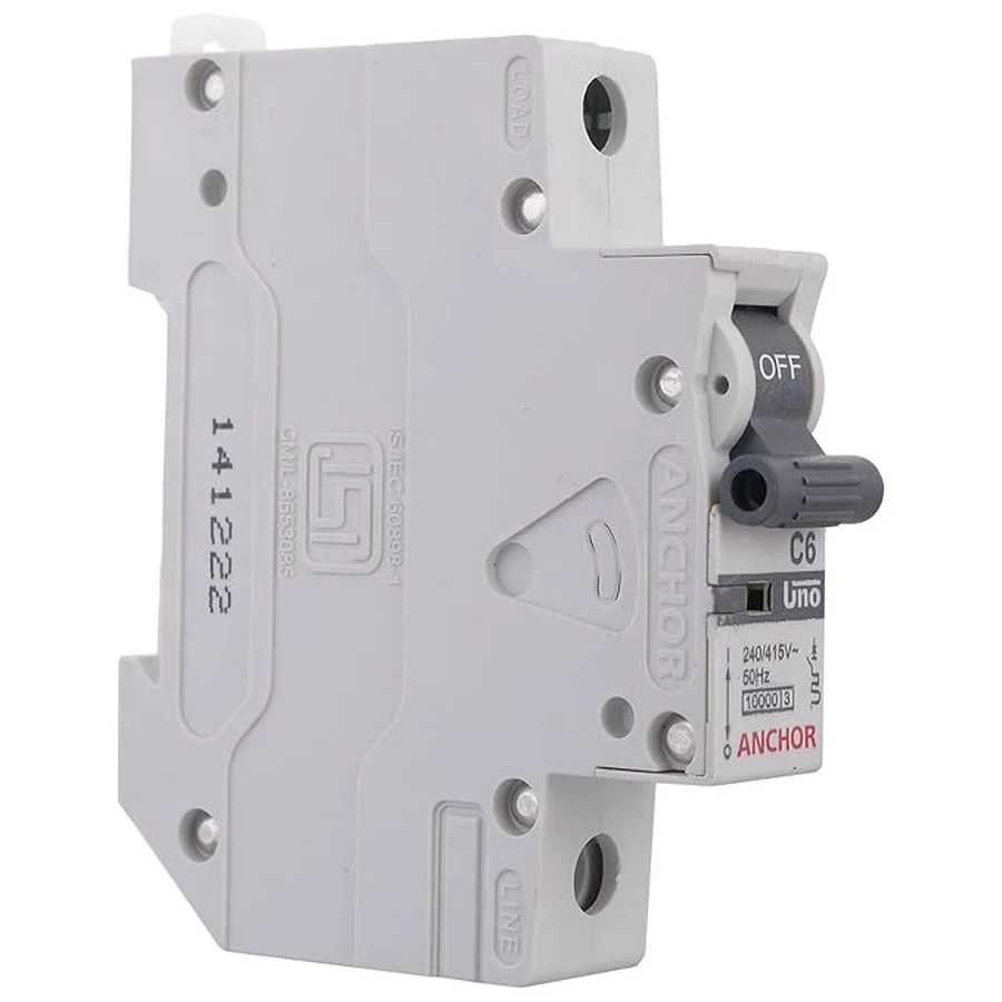 Anchor UNO SP MCB 6A 'C' Curve 98001 - Single Pole, DIN Rail Mount, Standard Circuit Breaker for Low-Current Circuits