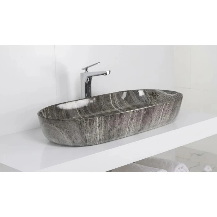 Toyo Ane-174 Ceramic Countertop Art Basin 17"x32" | Dark Grey Marble Glossy Premium Finish | Stain Resistant Easy to Clean Bathroom Wash Basin | 820x415x135mm