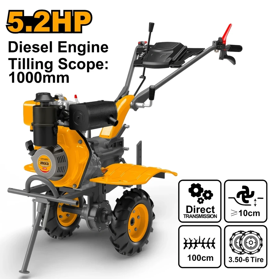 INGCO Compact Diesel Tiller | 5.2HP 247cc Gear-Driven Walking Cultivator with 1000mm Tilling Width | DC12006