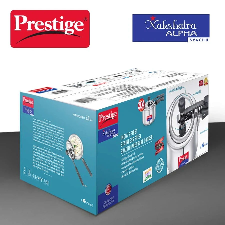 Prestige Nakshatra Svachh Straight Wall 5L Stainless Steel Pressure Cooker | Deep Lid Spillage Control Alpha Induction Base (Gas & Induction Compatible) - Model 10731