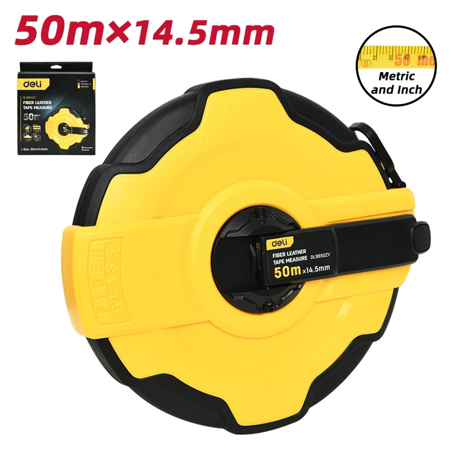 Deli 50m x 14.5mm Professional Fiberglass Measuring Tape Reel | Heavy-Duty Class 2 High-Tensile PVC Coated Tape with Shockproof ABS+TPR Frame | EDL9850ZY