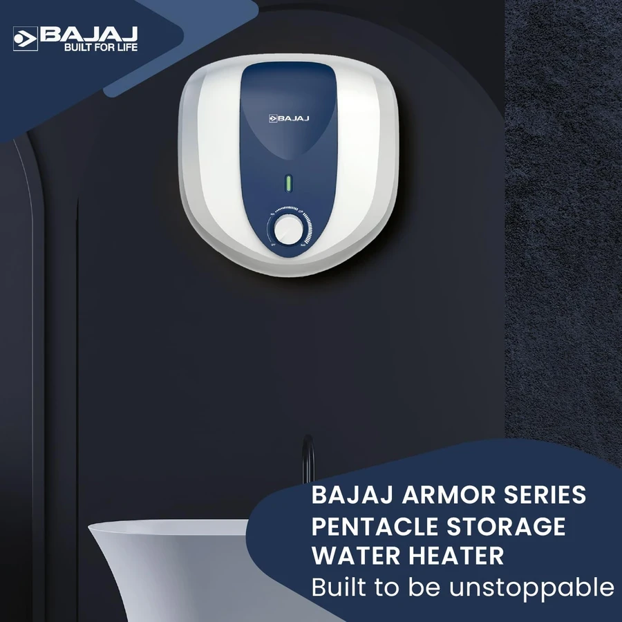 Bajaj 15L & 25L 5-Star Storage Water Heater Geyser | DuraAce Glassline Tank, VoltagePro & 8 Bar Pressure with Child Safety Mode | Armor Series Pentacle 150924 / 150925