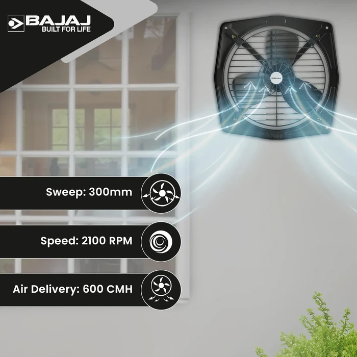 Bajaj Bahar 300MM Exhaust Fan | 1375 RPM 100% Copper Motor 1225 CMH Strong Rust-Proof Metal Body Metallic Grey 70001