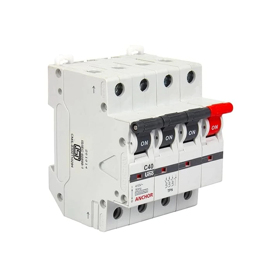 Anchor UNO 4P MCB 40A 'C' Curve 98039 - Four Pole, Standard Circuit Breaker Type, Overcurrent Protection for Three-Phase Systems