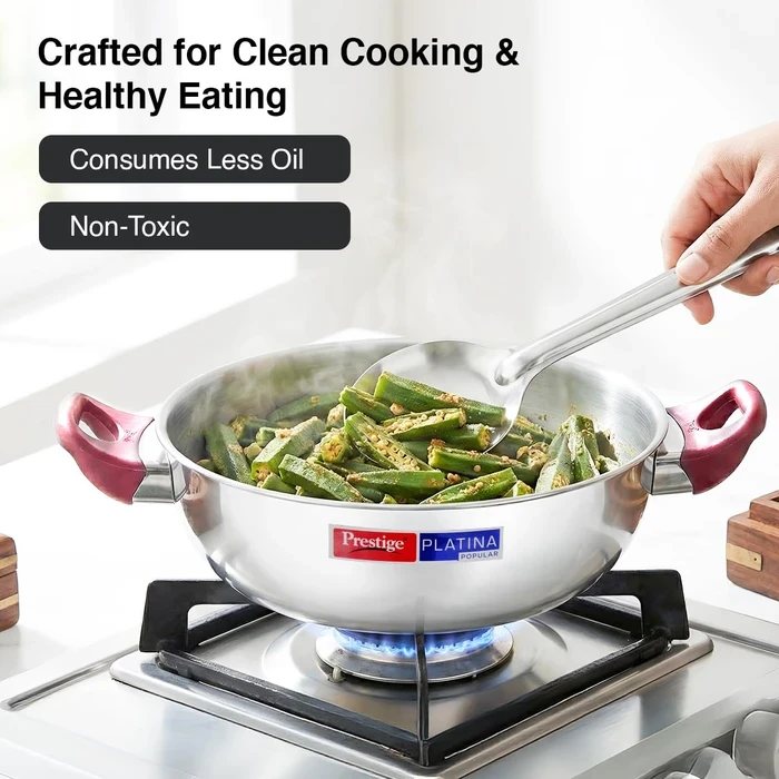 Prestige Platina Popular Stainless Steel Induction Base Kadai with Tempered Glass Lid (26 CM / 3.8L & 28 CM / 4.6L) | Gas & Induction Compatible - Model 36887 / 36888