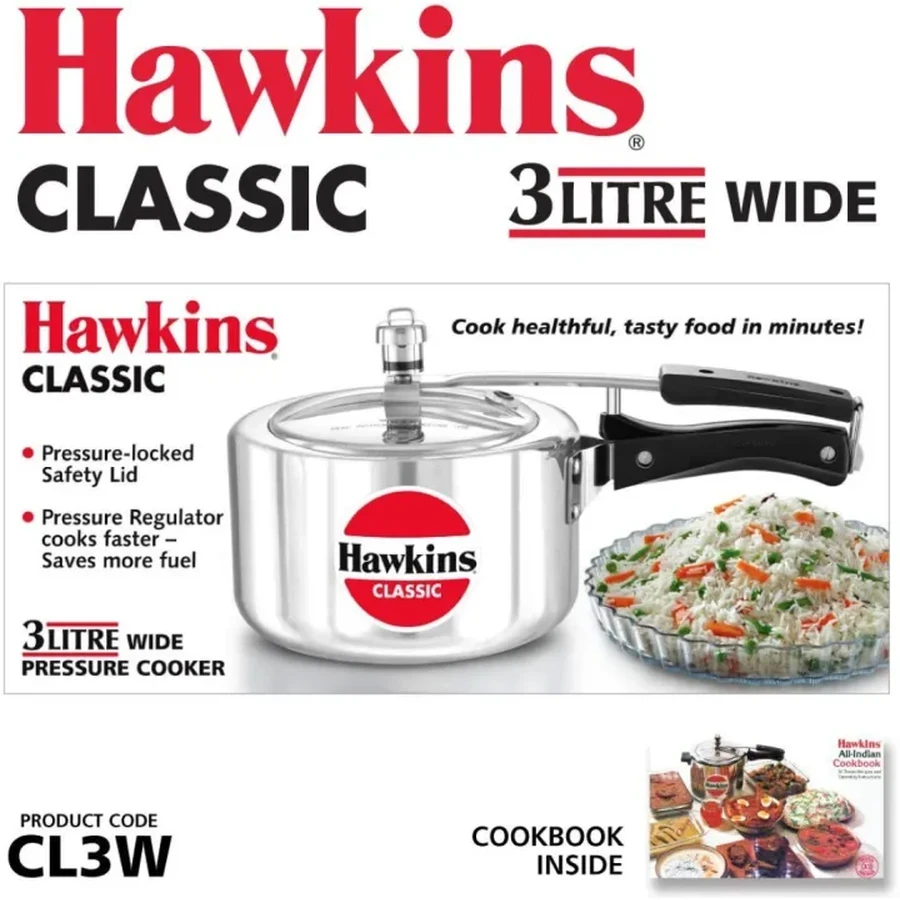 Hawkins Classic 3L Pressure Cooker | Available in Wide (CL3W) and Tall (CL3T) Variants | Pure Virgin Aluminium | Inside-Fitting Safety Lid | Silver